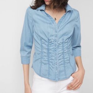 White House Black Market Light Blue Ruched Button-Front Chambray Shirt